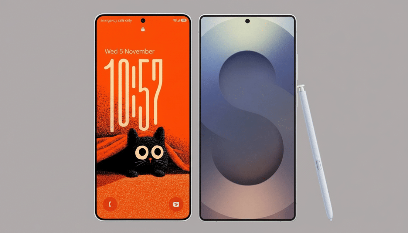Two smartphones are displayed side-by-side in a 16:9 aspect ratio. The phone on the left has an orange screen with a black cat illustration and the time 10:57. The phone on the right has a blue and grey abstract wallpaper, with a white stylus pen resting beside it.