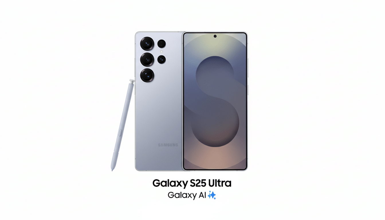 A Samsung Galaxy S25 Ultra phone in a light purple color, shown from the front and back, with a matching S Pen stylus beside it. The text Galaxy S25 Ultra and Galaxy AI are below the phone.