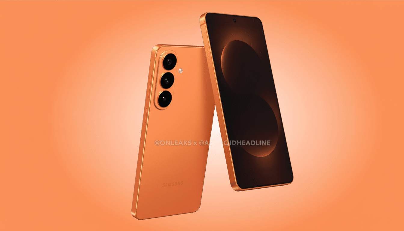 Two orange Samsung smartphones are displayed against an orange background. One phone is seen from the back, showcasing its camera lenses, while the other is angled to reveal its dark screen.