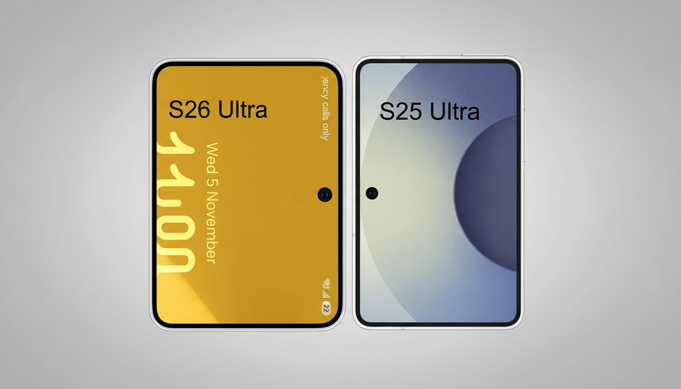 A professional image showcasing two smartphone screens, labeled S26 Ultra and S25 Ultra, side-by-side on a clean, light gray background. The S26 Ultra screen displays a yellow interface with 11:00 Wed 5 November and emergency calls only, while the S25 Ultra screen shows a blue and white gradient interface.