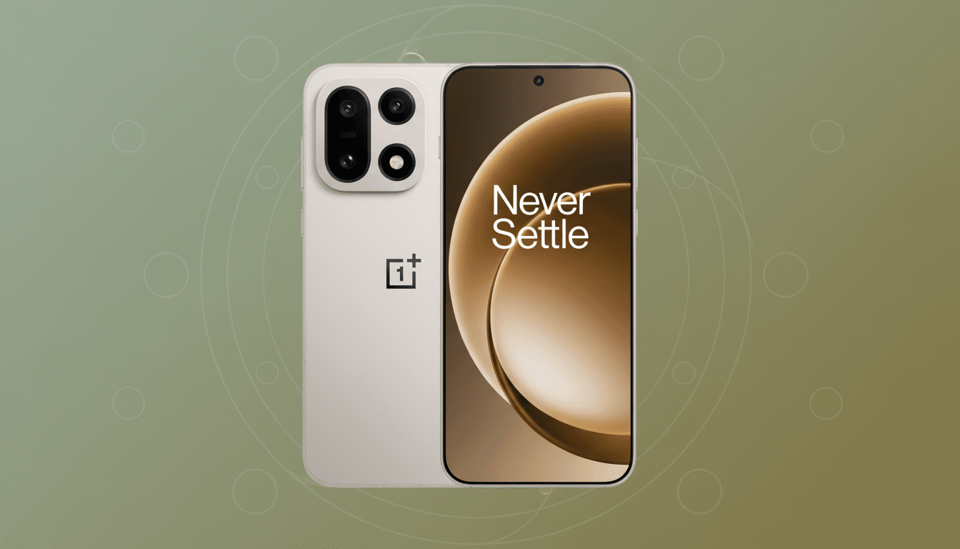 A beige smartphone with a Never Settle display, presented on a professional flat design background with soft patterns and gradients, resized to a 16:9 aspect ratio.