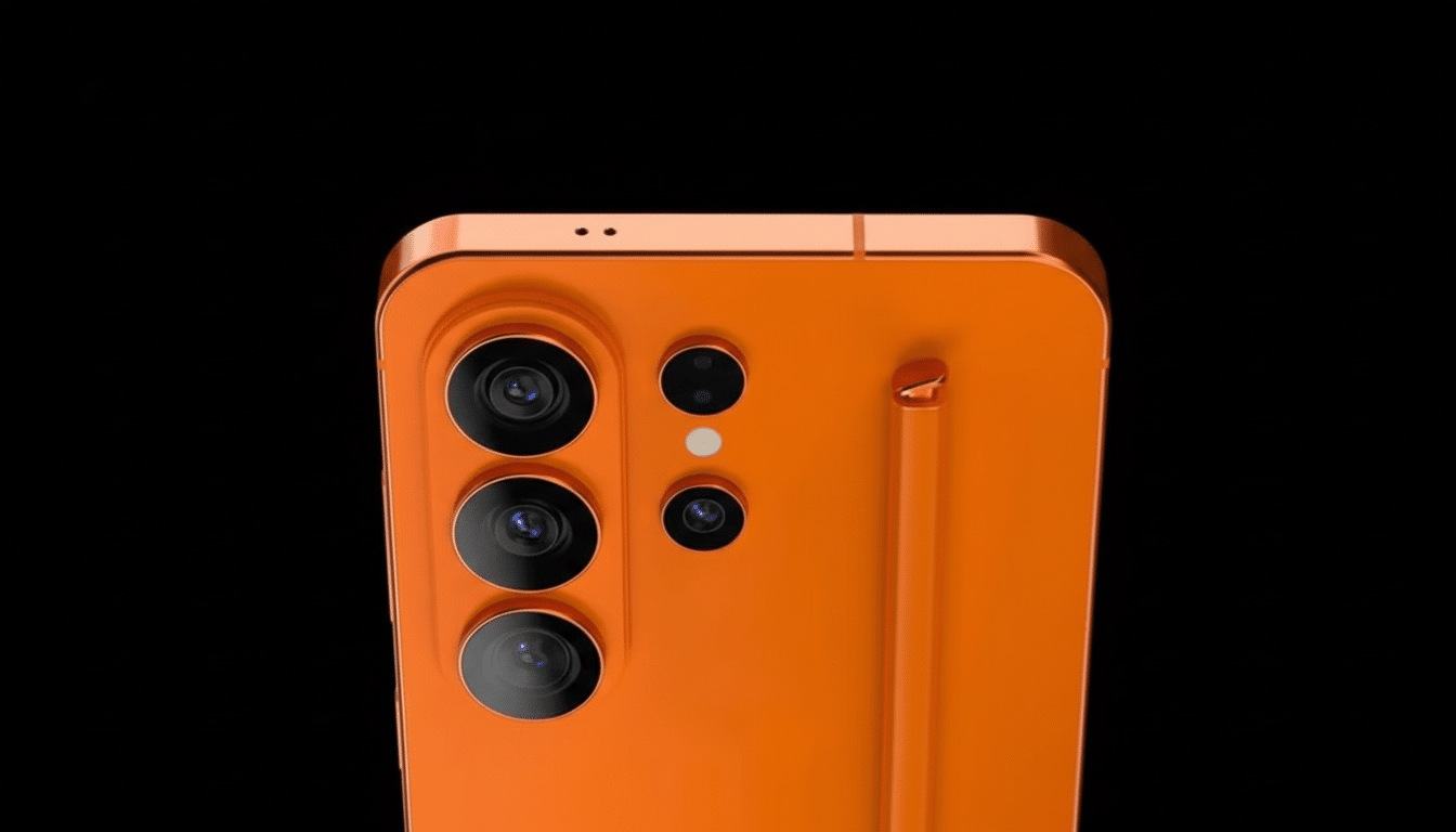 A close-up, professional shot of the top portion of an orange smartphone, showcasing its multiple camera lenses and a stylus slot on a black background.