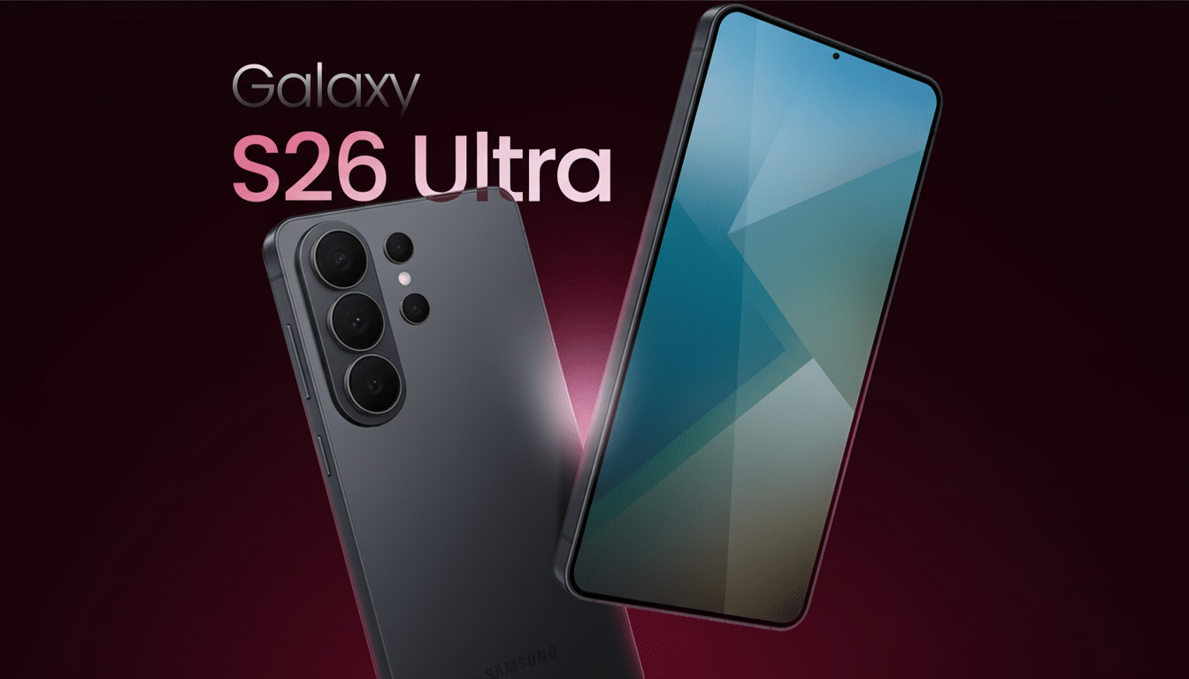 A professional image of two dark gray Samsung Galaxy S26 Ultra phones, one showing the back with its camera array and the other showing the front screen, set against a dark red gradient background.