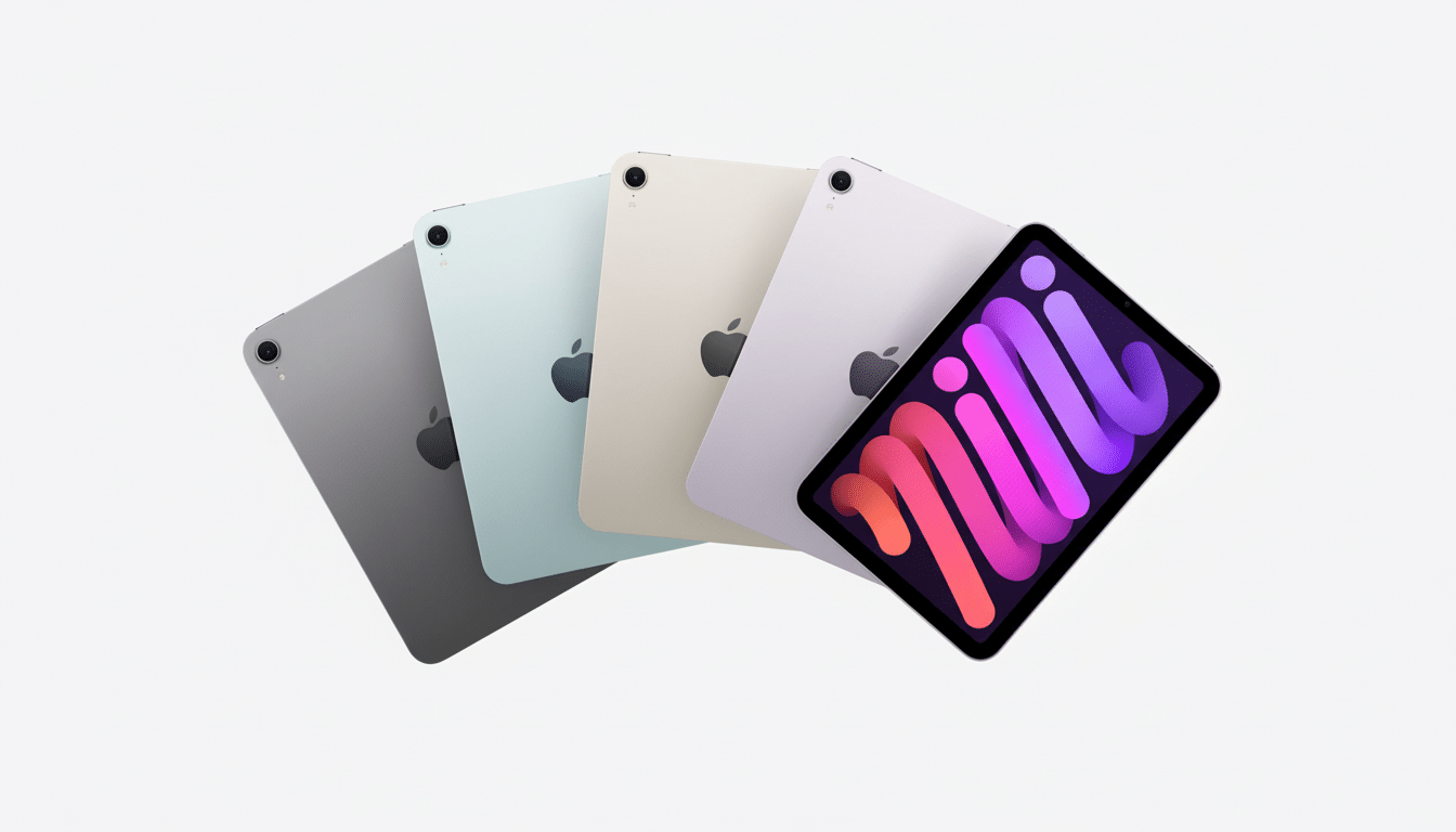 A 16:9 aspect ratio image of five iPad Minis in different colors (space gray, starlight, pink, purple, and one with a colorful screen) fanned out against a clean white background.