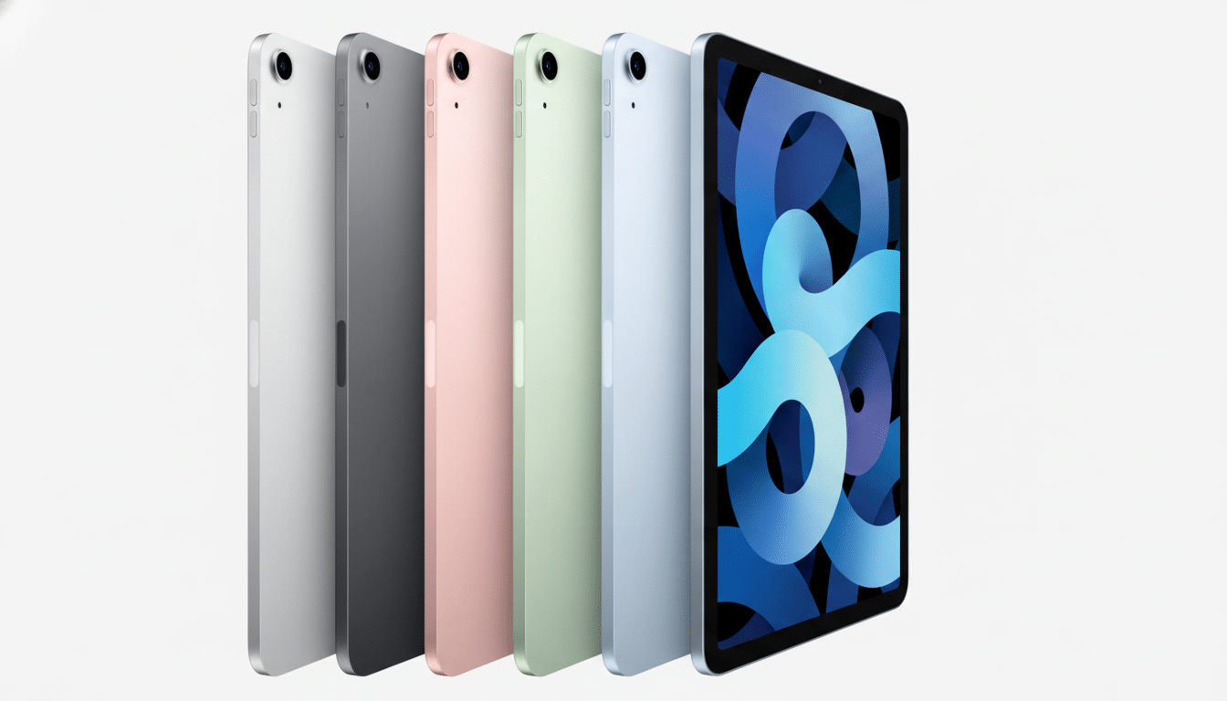 Five iPad Air devices in different colors (silver, space gray, rose gold, green, and sky blue) are displayed in a row, angled to show their screens and sides. The screen of the frontmost iPad shows a blue and purple abstract design.