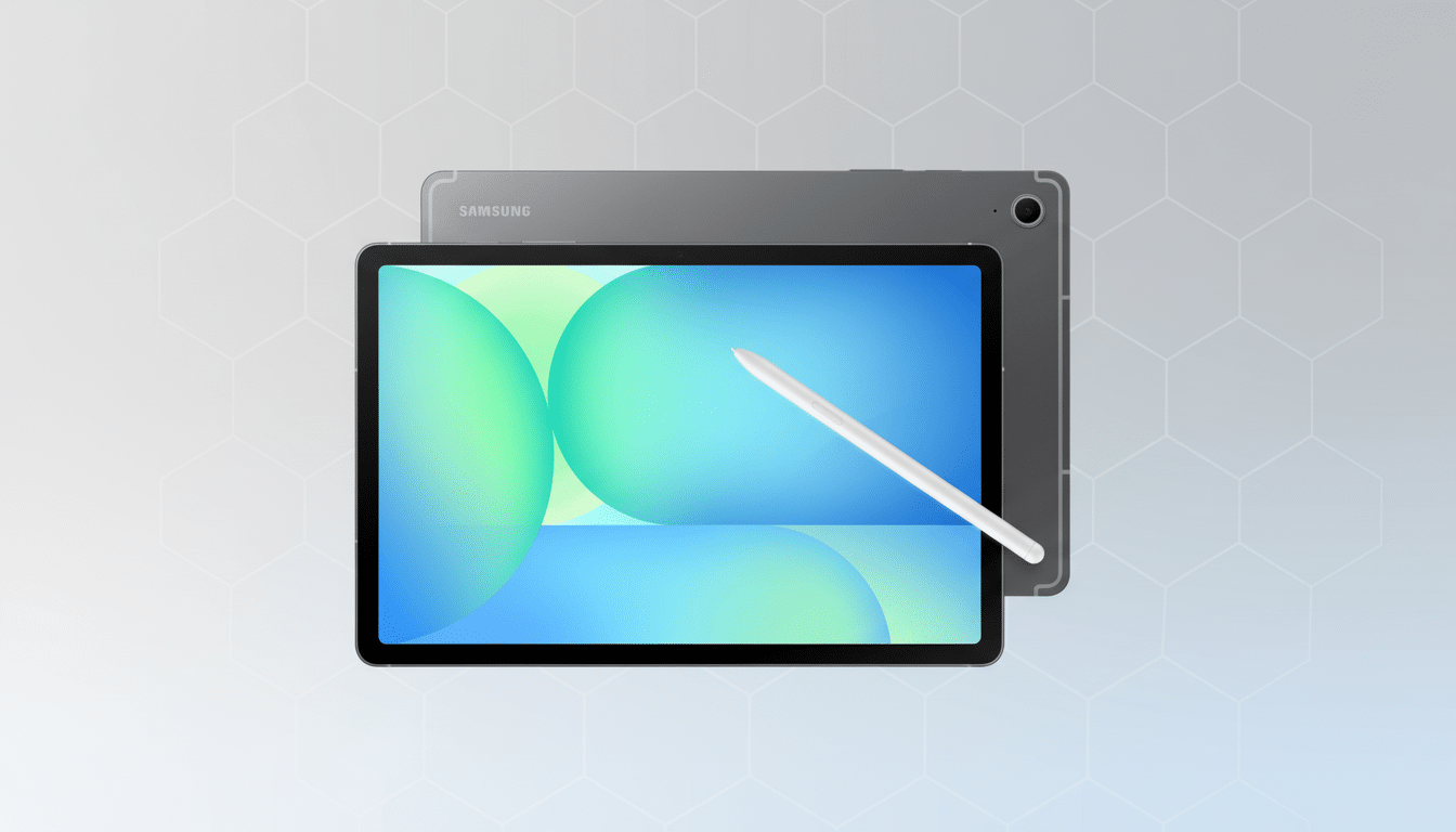 A Samsung tablet and S Pen are displayed on a professional flat design background with soft patterns.
