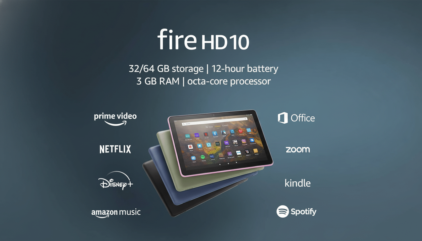 A professional image of the Fire HD 10 tablet in a 16:9 aspect ratio, showcasing its features and supported apps.