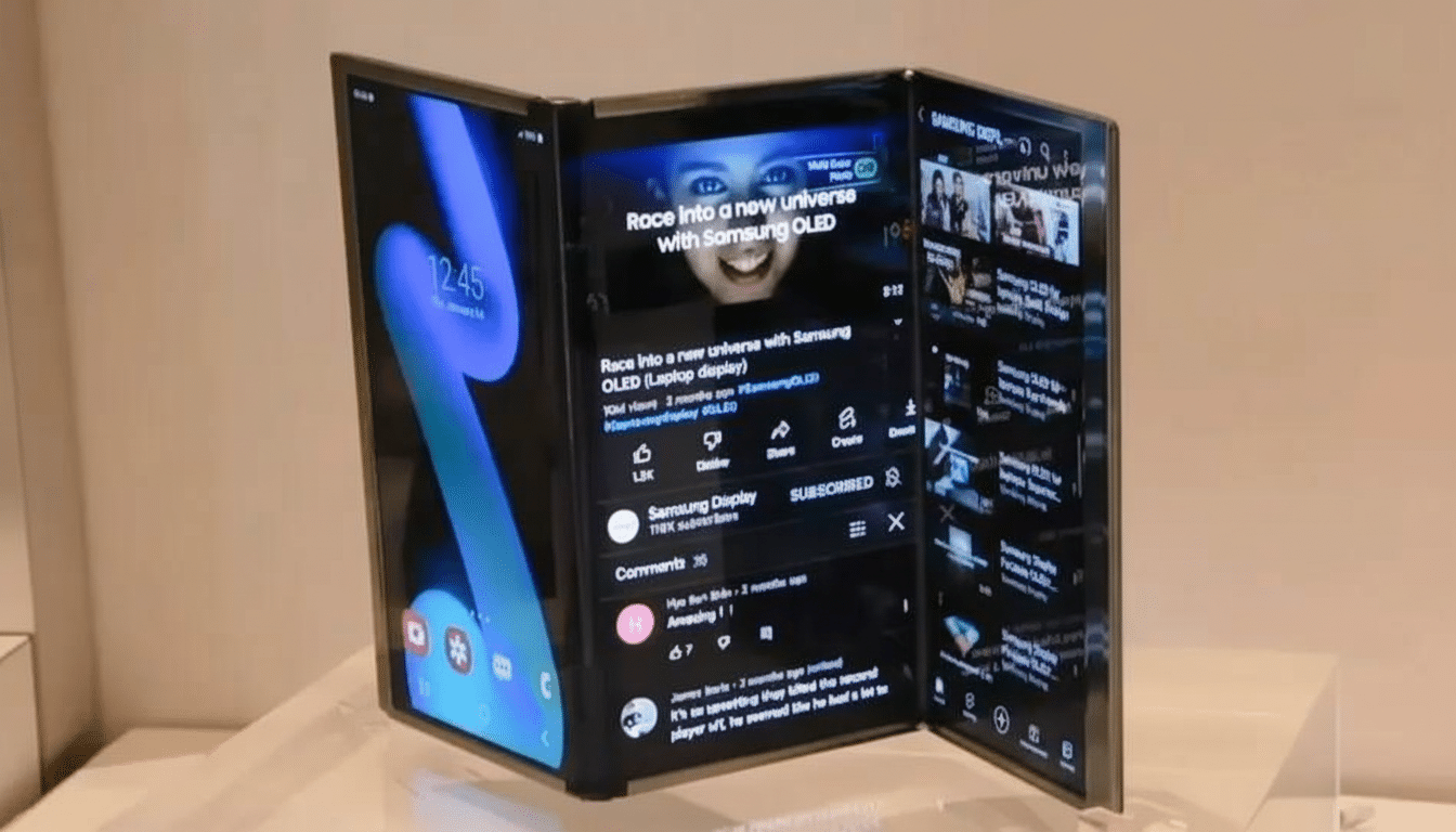 A Samsung foldable display device, resembling a tablet that folds into three sections, is shown displaying a YouTube video on its central and right screens, with a clock and app icons on the left screen.