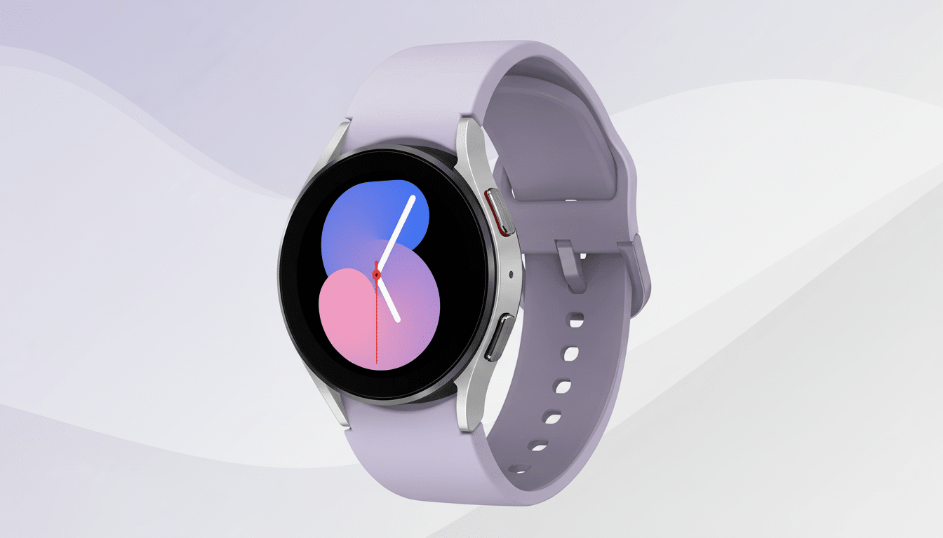 A lavender Samsung Galaxy Watch 5 with a silver casing and a digital watch face displaying a blue and pink design, set against a professional light gray background with subtle wave patterns.