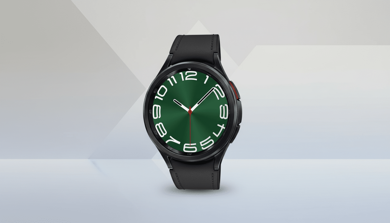 A black smartwatch with a dark green watch face and white numbers, presented on a professional light gray background with subtle geometric patterns.