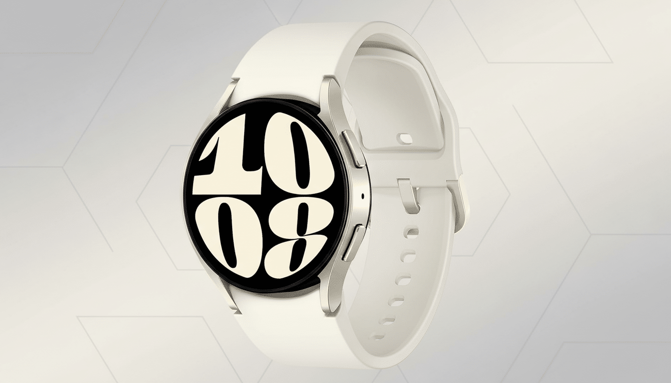 A white smartwatch with a black screen displaying 10 08 in white numbers, set against a professional flat design background with soft patterns and gradients.