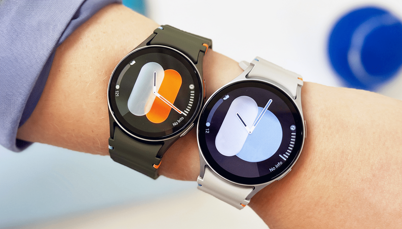Two smartwatches, one with a dark green band and the other with a light gray band, are displayed on a persons wrist.
