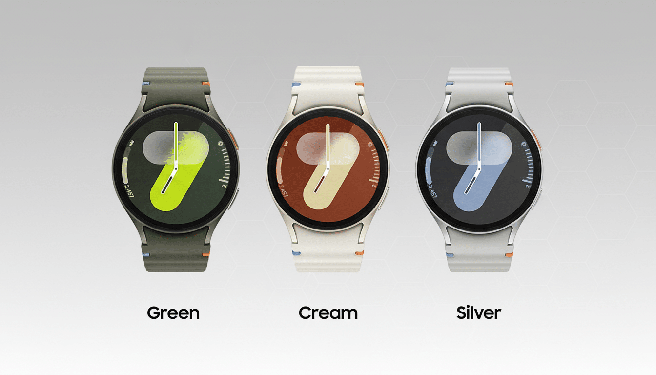 Three Samsung Galaxy Watch 5 Pro smartwatches in green, cream, and silver, displayed side-by-side on a professional flat design background with soft patterns.