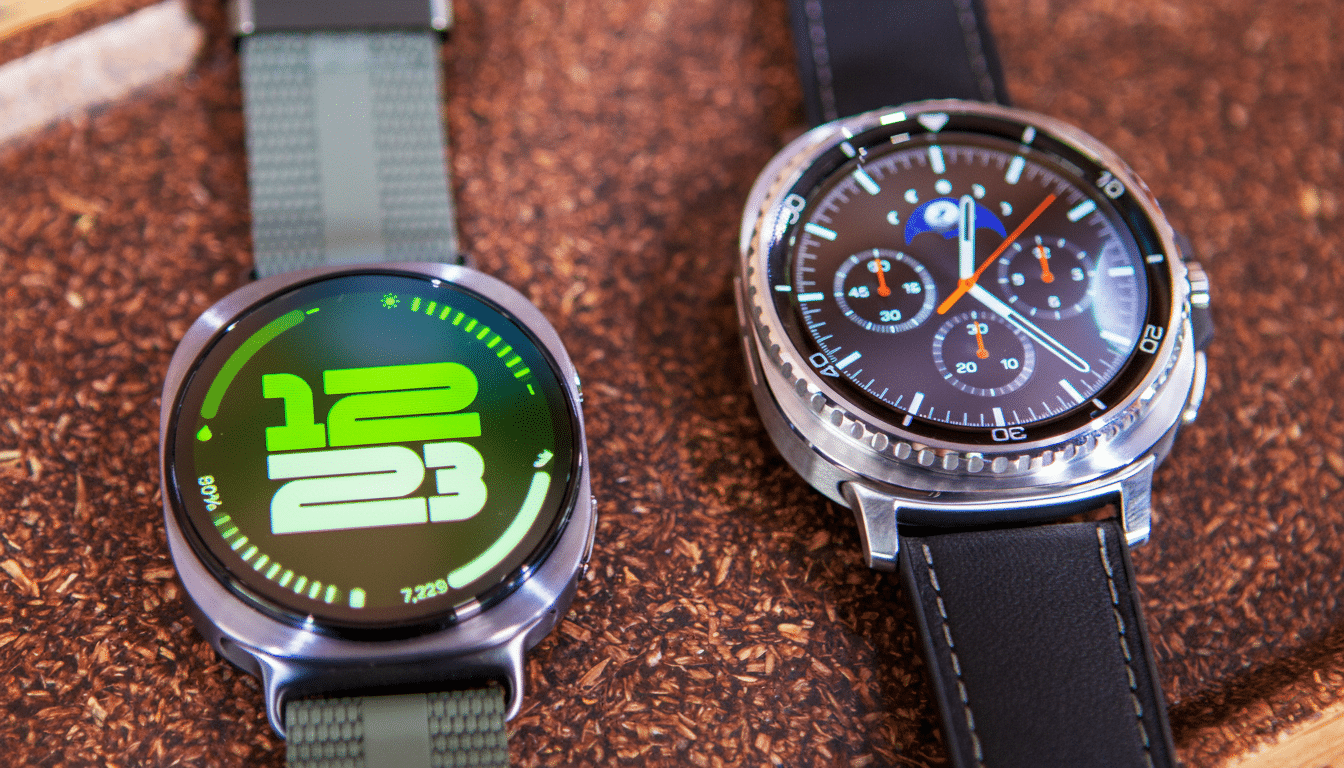 Two smartwatches, one with a green digital display and the other with a classic analog face, are shown side-by-side on a textured brown surface.