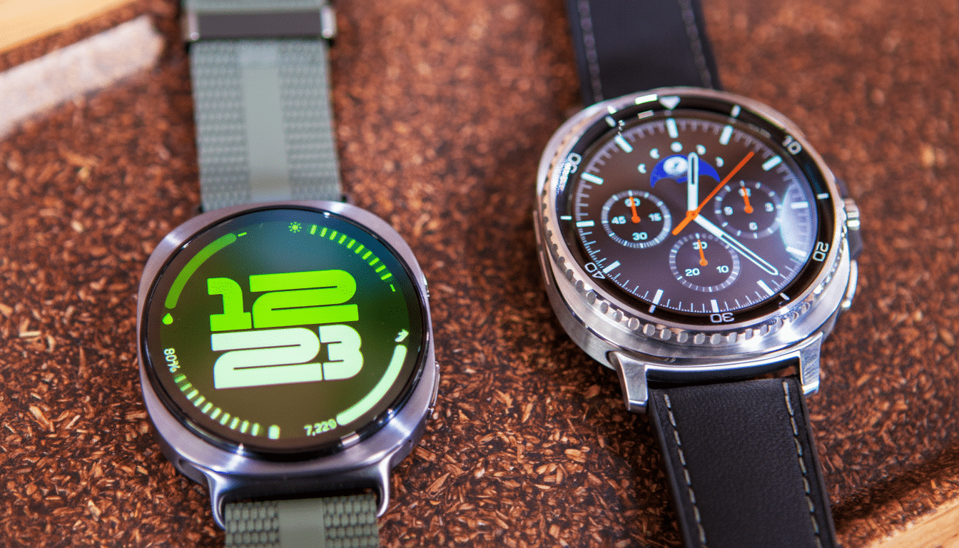 Two smartwatches are displayed side-by-side on a textured brown surface. The watch on the left has a green digital display showing 12 23 and other metrics, with a green fabric strap. The watch on the right has a classic analog chronograph face with a black leather strap.