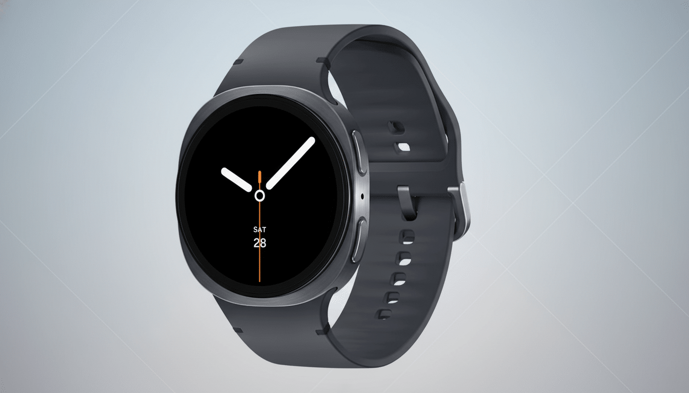 A dark gray smartwatch with a black face displaying the time and date, set against a professional light gray background with subtle geometric patterns.