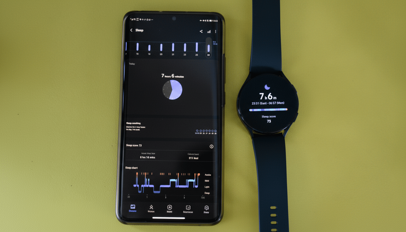 A smartphone displaying a sleep tracking app next to a smartwatch showing sleep data.