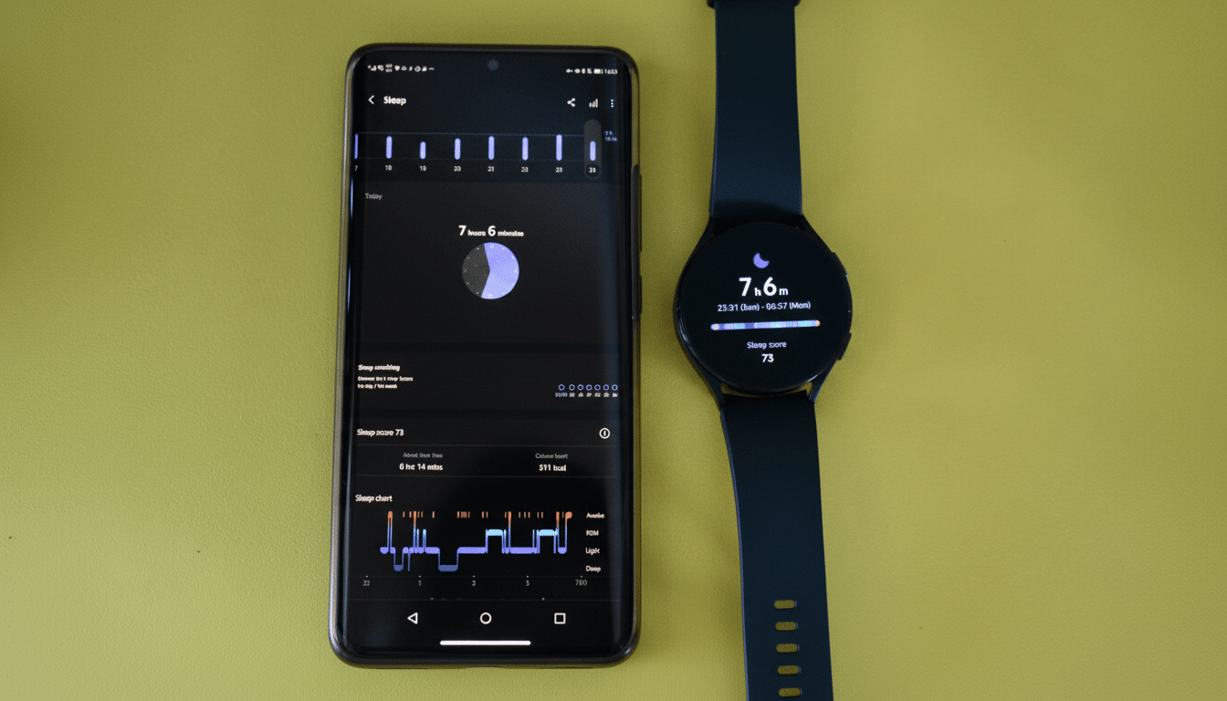 A smartphone displaying a sleep tracking app next to a smartwatch also showing sleep data, both on a yellow background.