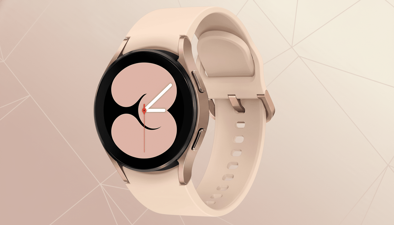 A Samsung Galaxy Watch 4 with a rose gold case and a light pink band, displayed on a professional flat design background with soft patterns and gradients.