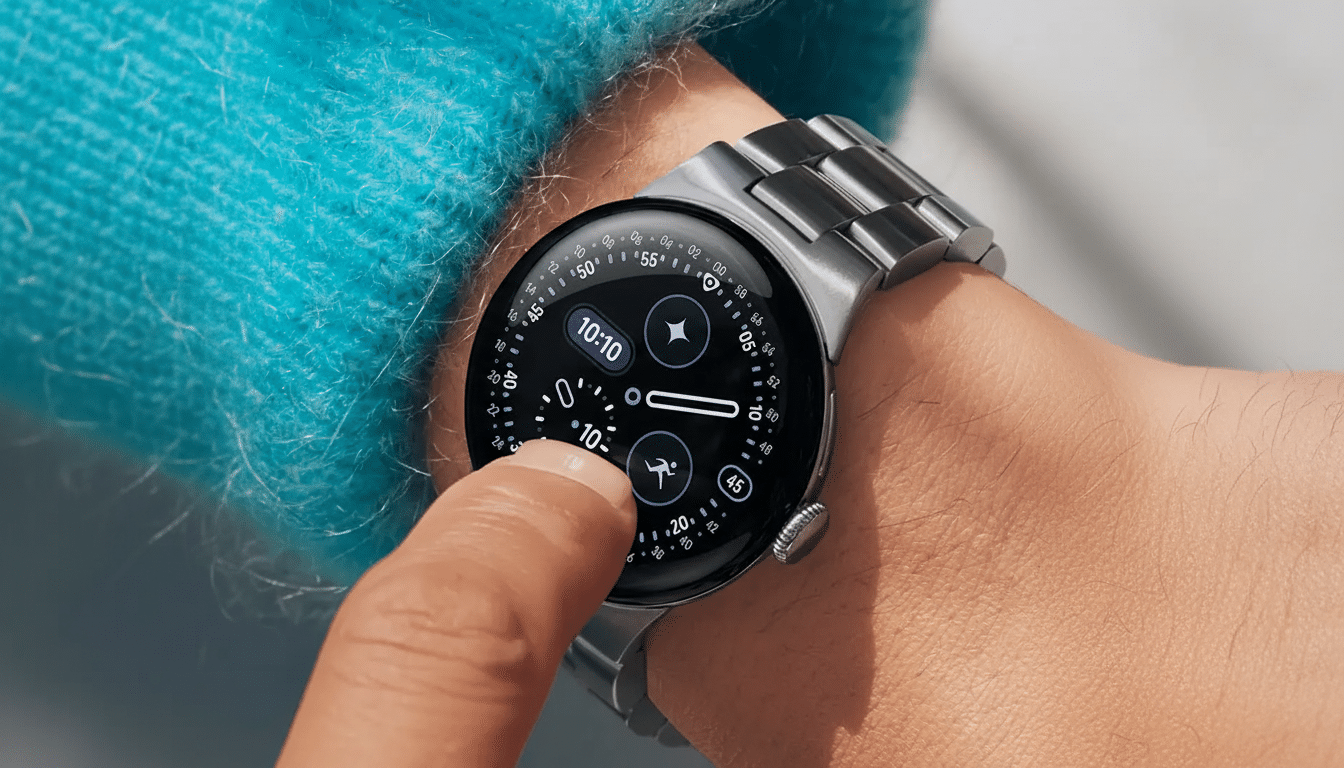 A close-up of a persons wrist wearing a silver smartwatch with a black face, displaying various icons and numbers. The persons finger is touching the screen.