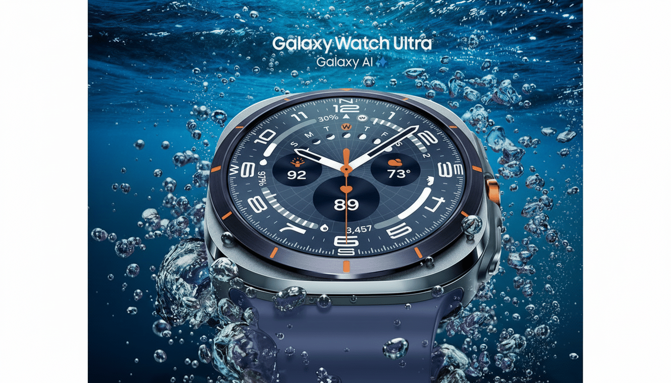A Samsung Galaxy Watch Ultra submerged in water with bubbles, showcasing its watch face with various metrics and the text Galaxy Watch Ultra and Galaxy AI at the top.