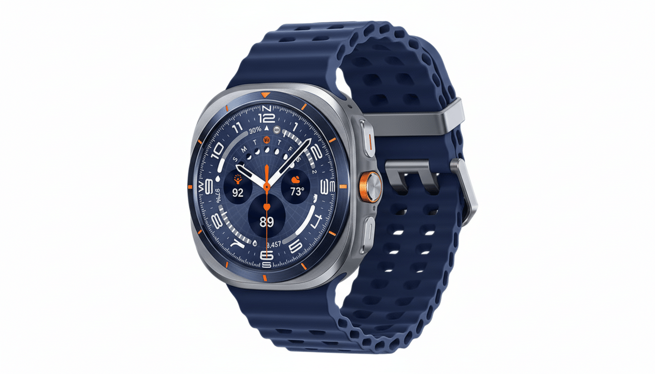 A professional image of a smartwatch with a dark blue band and a silver casing, displaying a digital watch face with various metrics.