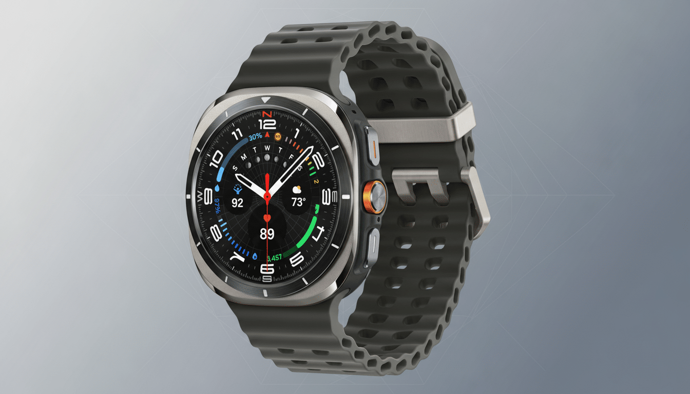A professional image of a dark grey smartwatch with a black face displaying various metrics, set against a subtle grey gradient background.