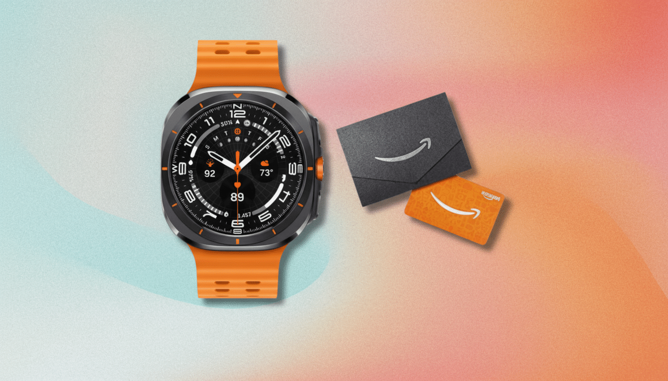 A smartwatch with an orange band and two Amazon gift cards on a gradient background.
