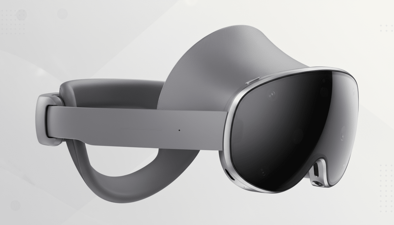 A Meta Quest Pro VR headset is shown at a 16:9 aspect ratio with a professional flat design background featuring soft patterns and gradients.