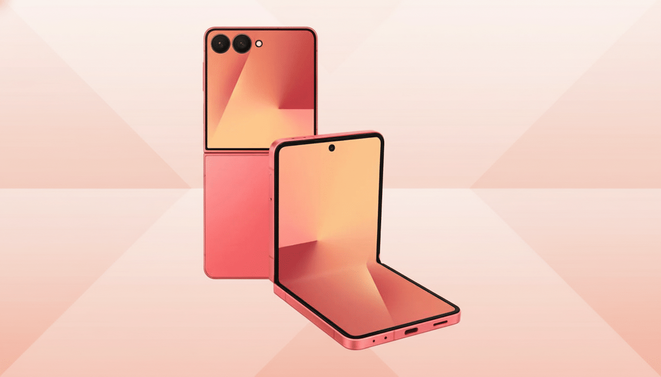 A pink foldable smartphone, partially open, with another pink smartphone lying flat behind it, all against a soft pink and white gradient background with subtle geometric patterns.