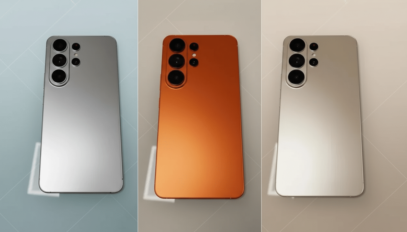 Three smartphones in silver, orange, and gold, presented in a 16:9 aspect ratio with professional flat design backgrounds.