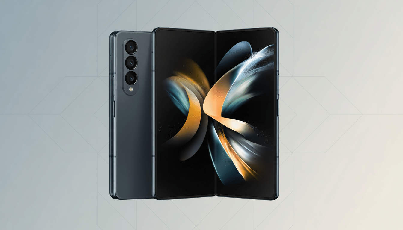 A dark gray Samsung Galaxy Z Fold 4 smartphone, with its back and partially unfolded screen visible, set against a professional flat design background with soft patterns and gradients.
