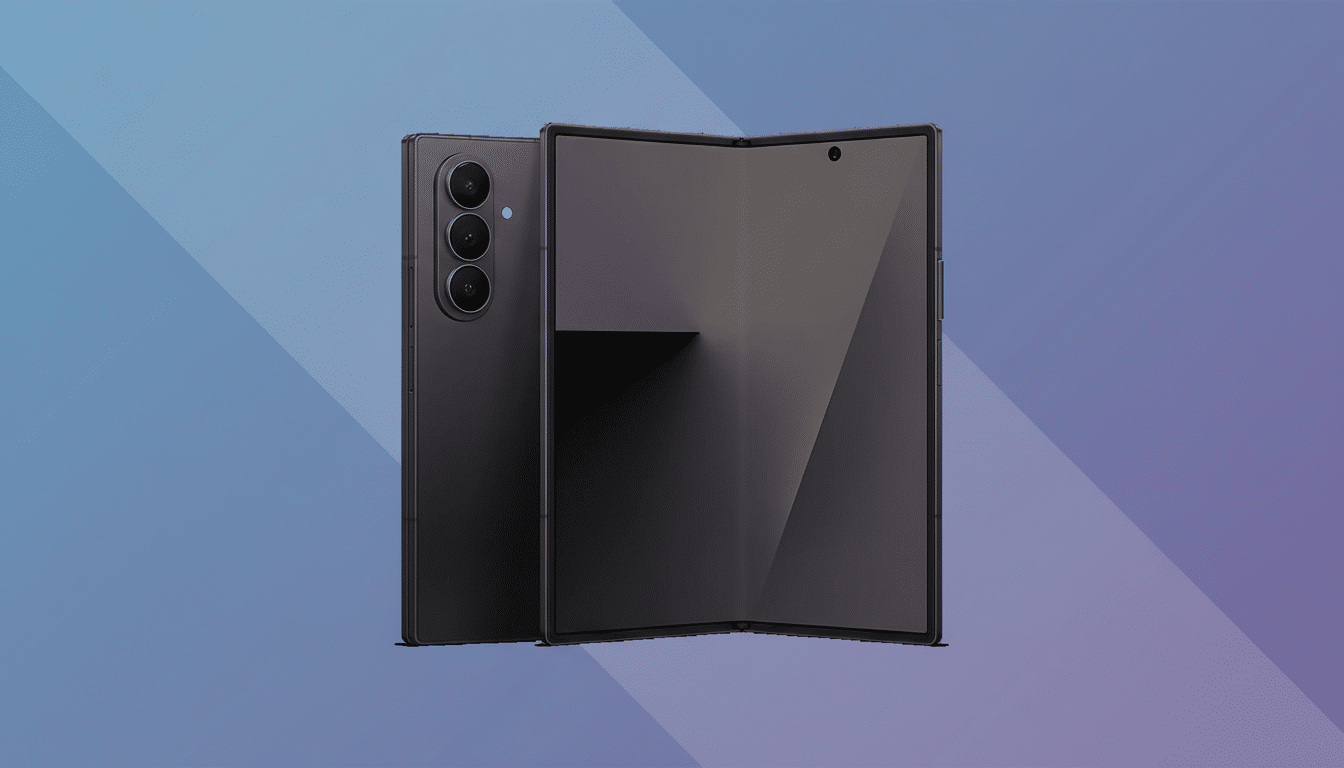 A black foldable smartphone is displayed at a slight angle, with its back visible on the left and its partially folded screen on the right, set against a professional background with soft blue and purple gradients.