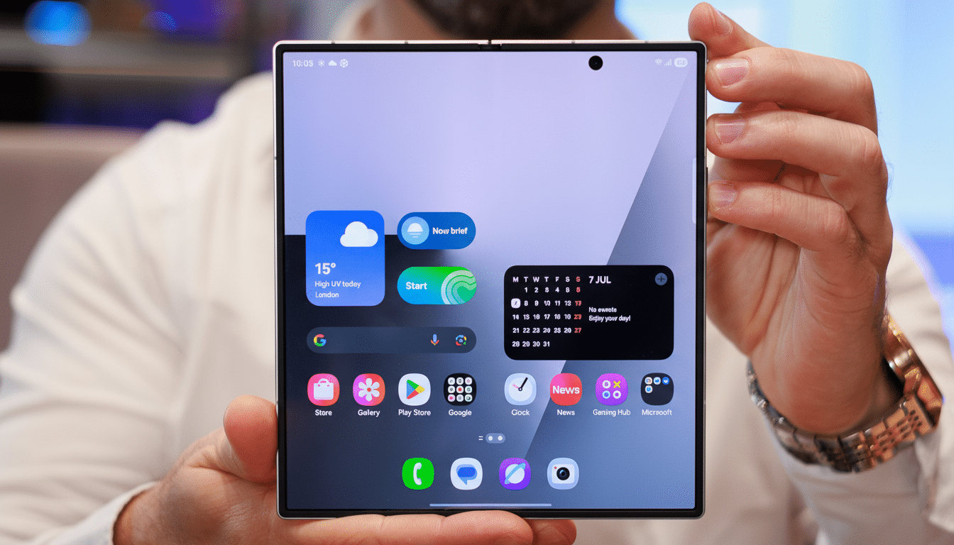 A person holding a foldable smartphone displaying various app icons and widgets on its screen.