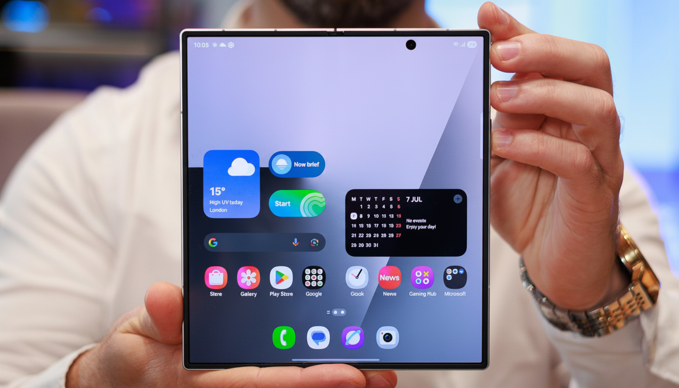 A person holding a foldable smartphone displaying a home screen with various app icons and widgets.