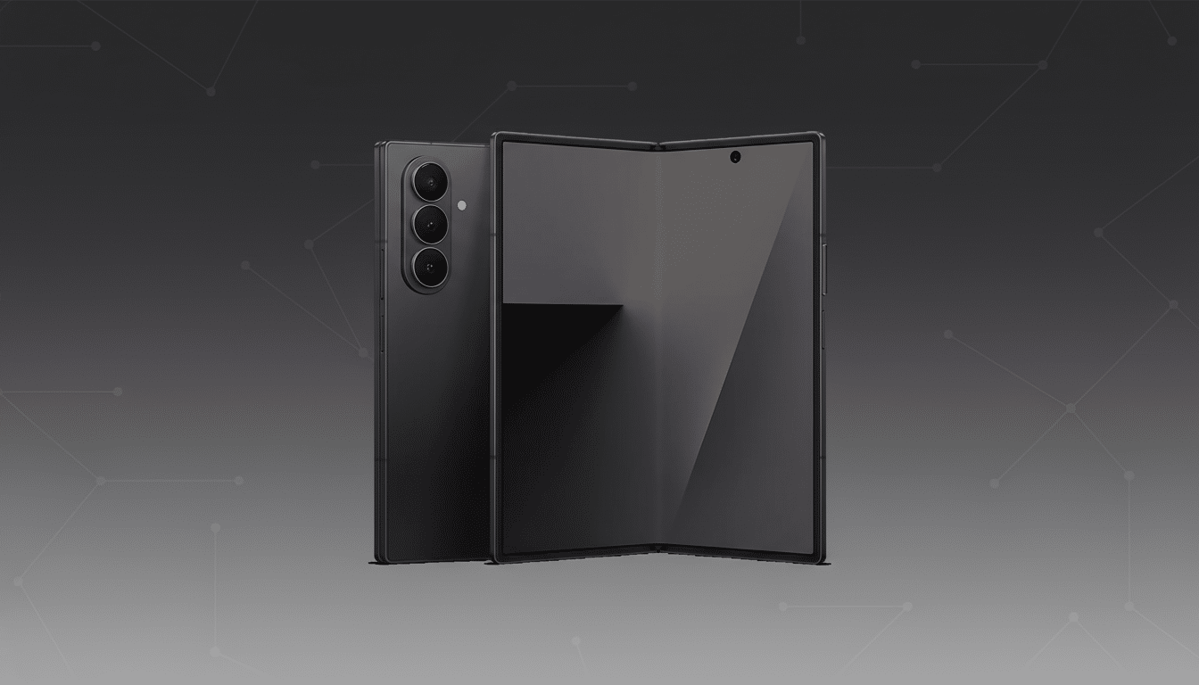 A black foldable smartphone is displayed against a professional dark gray background with subtle geometric patterns. The phone is partially folded, showing its front screen and the back with a triple camera setup.