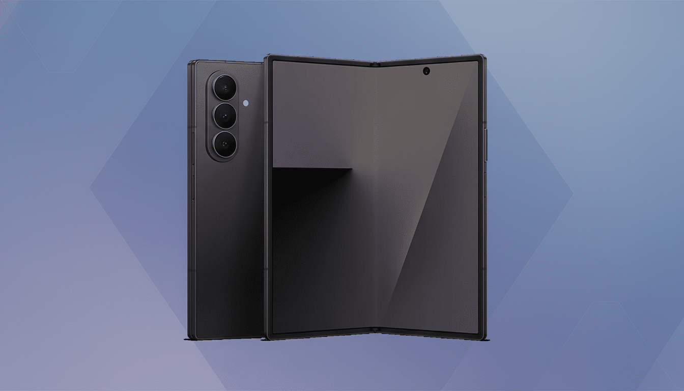 A black foldable smartphone is displayed against a professional flat design background with soft blue and purple gradients and subtle geometric patterns. The phone is shown from two angles: one side is fully visible, showcasing its camera lenses, while the other side is partially folded open, revealing its screen.