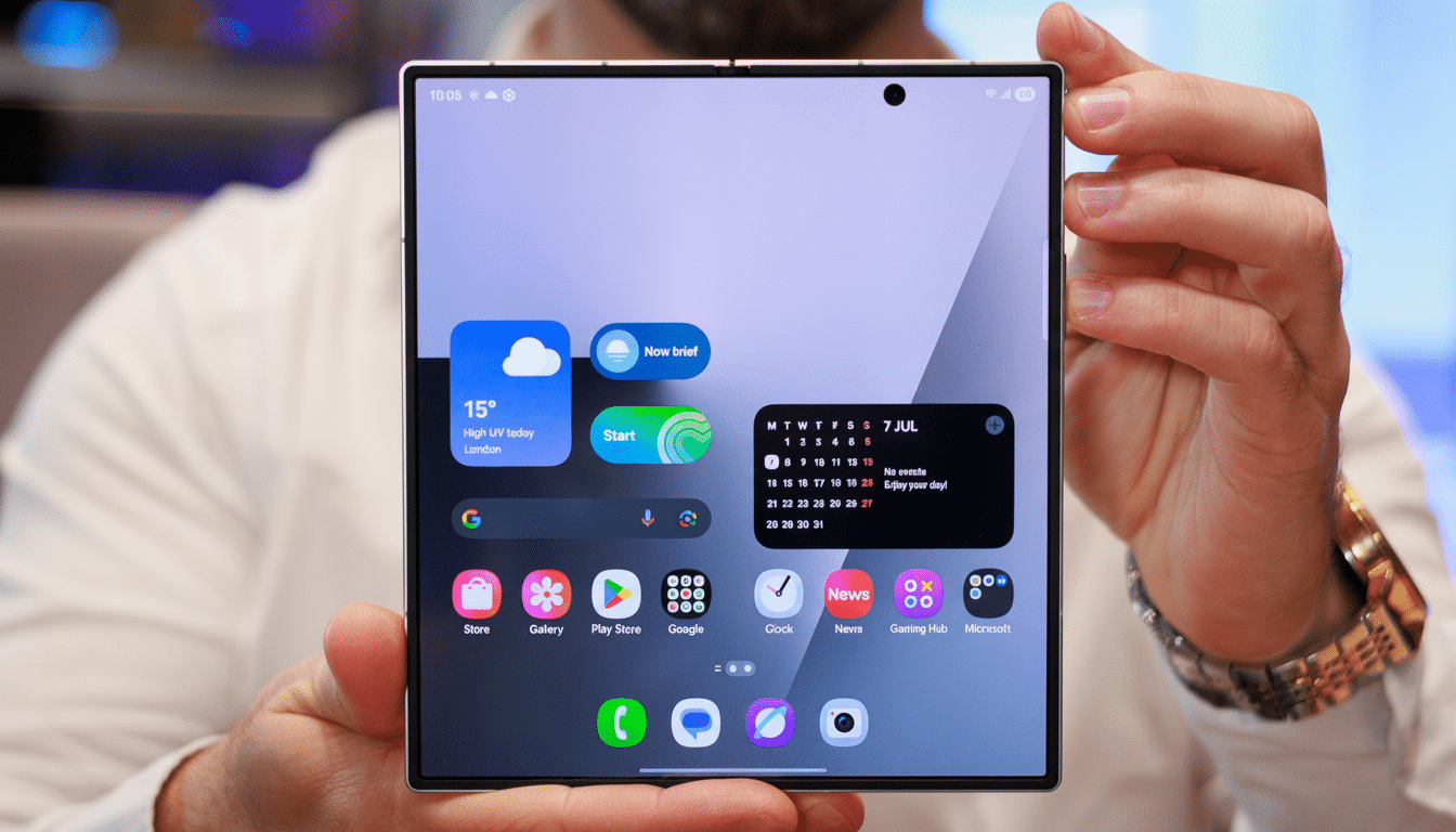 A person holding a foldable smartphone with a large screen displaying various app icons and widgets.