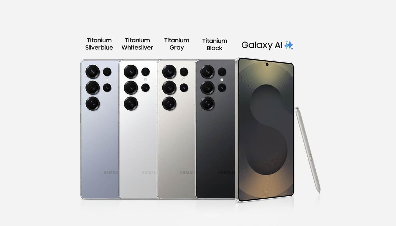 Five Samsung Galaxy S24 Ultra phones in Titanium Silverblue, Titanium Whitesilver, Titanium Gray, and Titanium Black, with a single phone displayed from the front and an S Pen stylus, all against a light gray background.