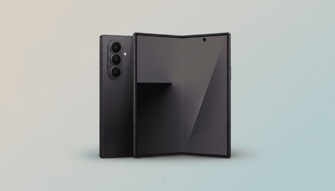 A black foldable smartphone is displayed against a professional flat design background with soft patterns and gradients. The phone is slightly open, revealing its inner screen, and the back of the phone with its camera array is visible.
