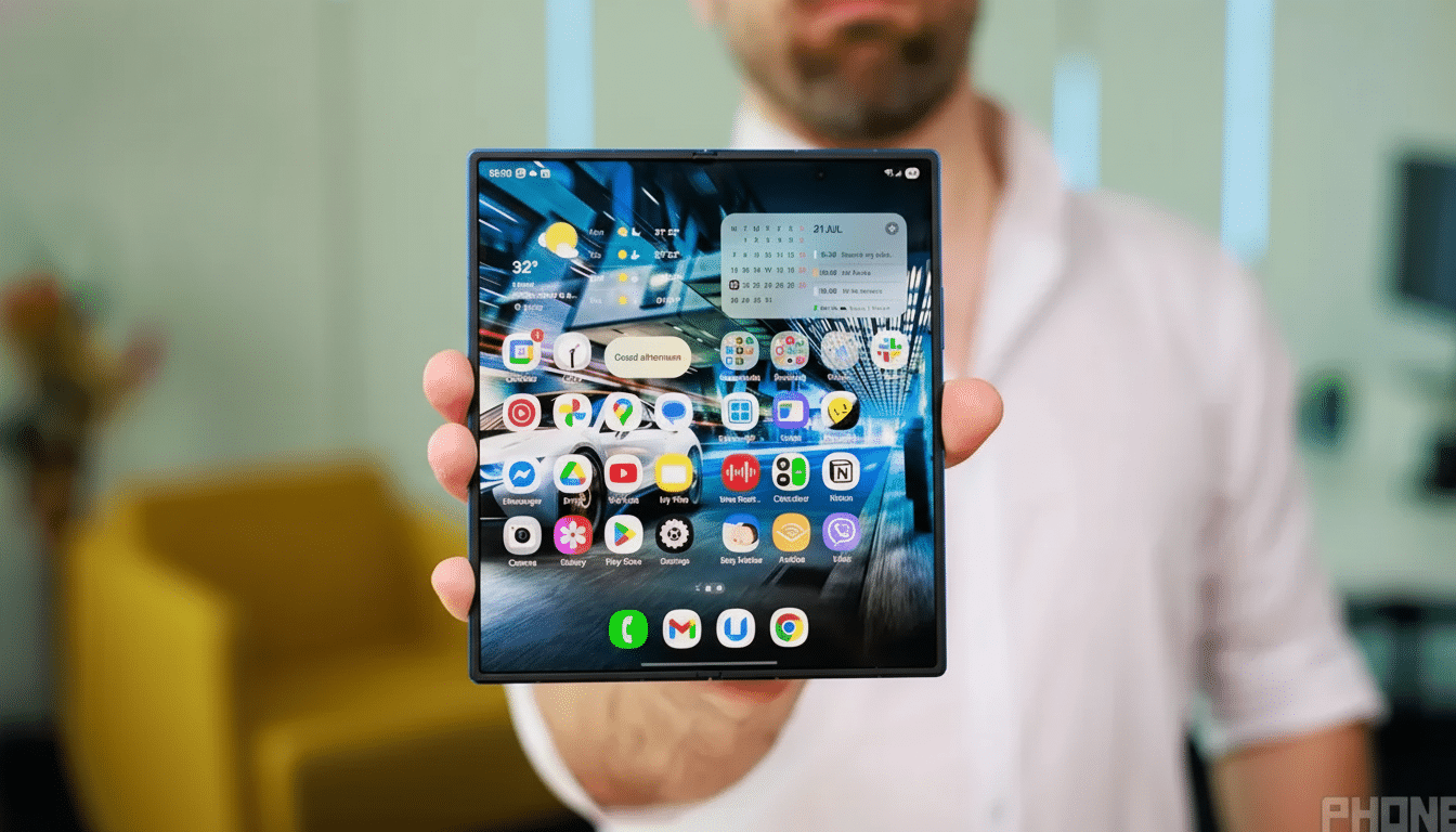 A person holding a foldable smartphone with a vibrant display showing various app icons and widgets.