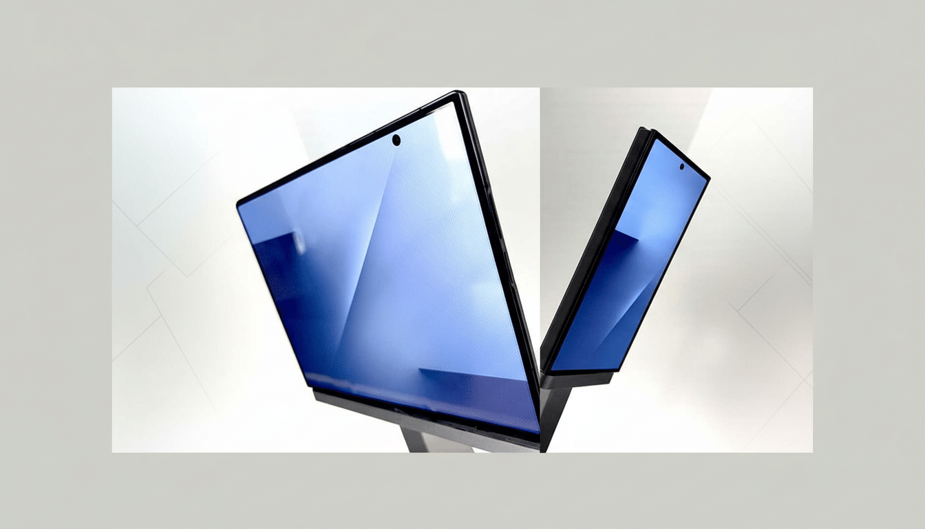 A smartphone with a blue screen is shown at an angle, with a second, smaller screen folded out to the right, also displaying a blue image. The background is a professional flat design with soft patterns.