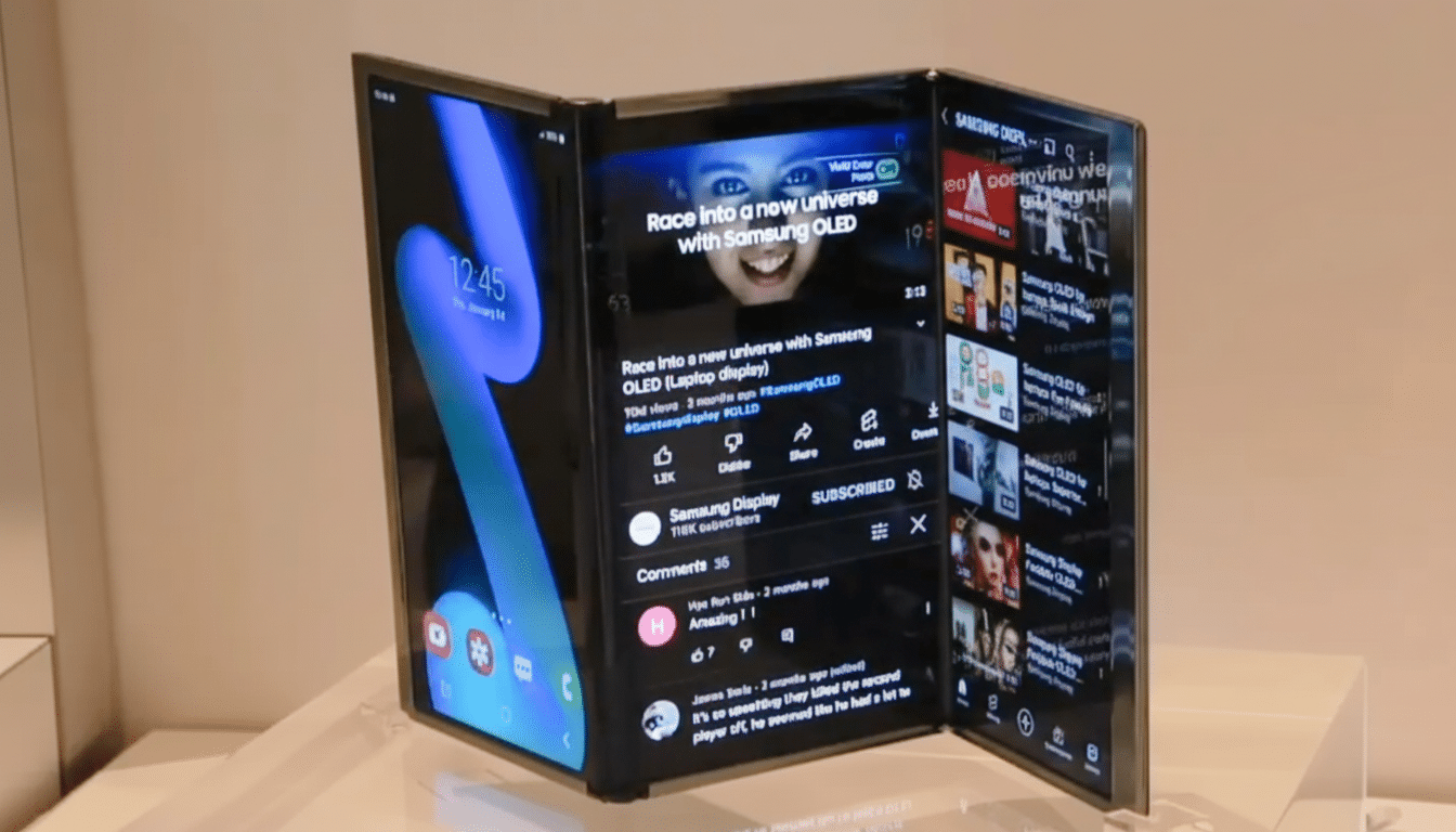 A Samsung foldable display device showcasing a YouTube video on its screen.