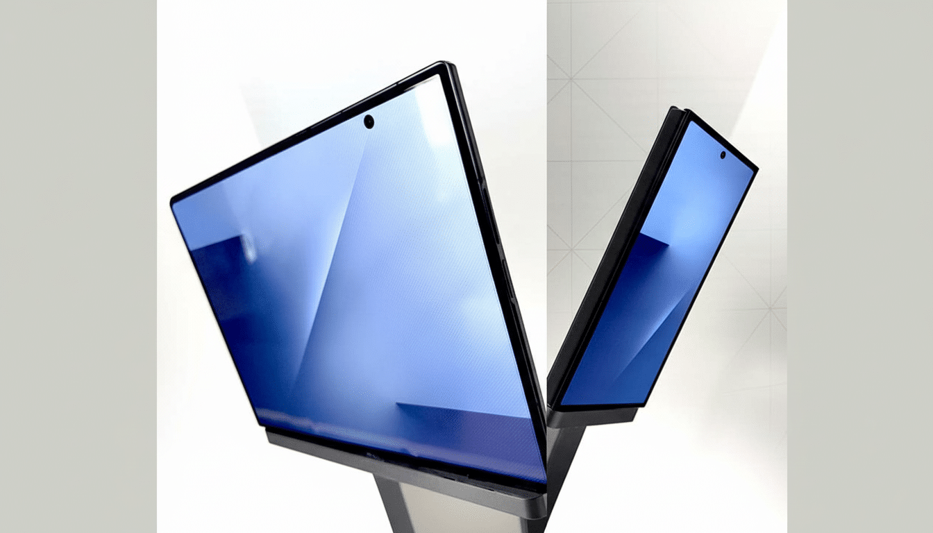 A smartphone with a blue screen is shown at an angle, with a second, smaller screen folded out to the right, also displaying a blue image. The background is a professional flat design with soft patterns.