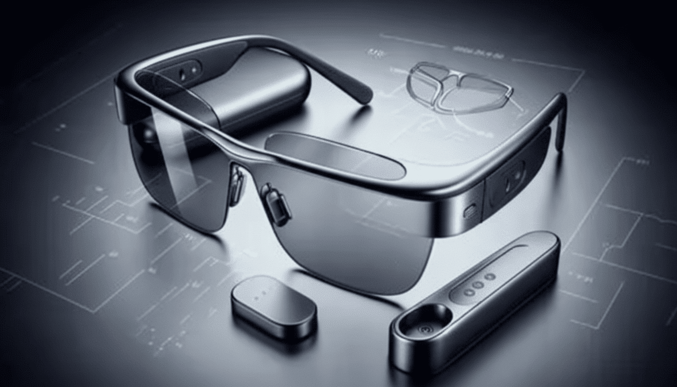 A pair of sleek, dark smart glasses with accompanying accessories, including a small rectangular device and a longer control unit, all resting on a surface with subtle circuit-like patterns.