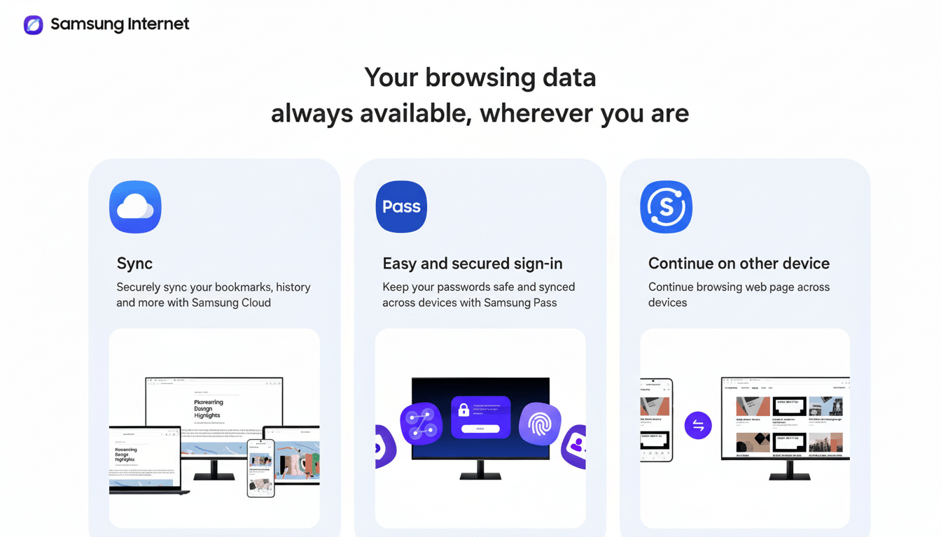 A professionally enhanced image with a 16:9 aspect ratio, featuring three sections detailing Samsung Internets features: Sync, Pass, and Continue on other device. The background remains unchanged, maintaining the original professional presentation.