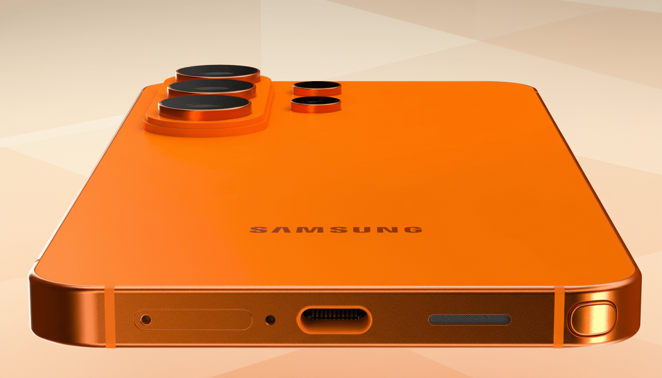 A professional, enhanced image of an orange Samsung smartphone, viewed from the bottom-right angle, showcasing its camera lenses and charging port. The background is a soft, light gradient with subtle geometric patterns.