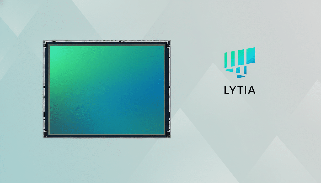 A professional image featuring a camera sensor with a green and blue gradient screen, alongside the LYTIA logo, set against a light grey background with subtle geometric patterns.