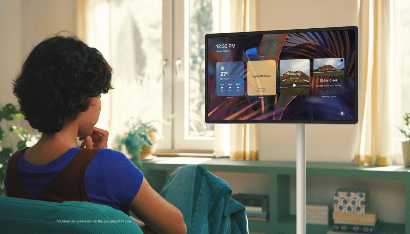 A person with short, curly hair is seated on a teal couch, looking at a large, modern television screen displaying a smart home interface with weather, calendar, and media widgets. The room is brightly lit with natural light coming through a window.