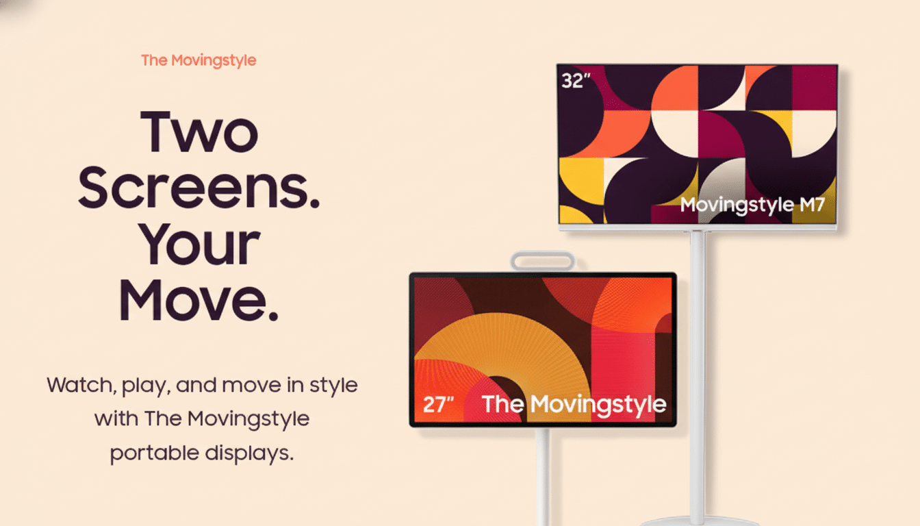 A promotional image for The Movingstyle portable displays, featuring two screens, a 32-inch Movingstyle M7 and a 27-inch The Movingstyle, against a light orange background with text Two Screens. Your Move. Watch, play, and move in style with The Movingstyle portable displays.